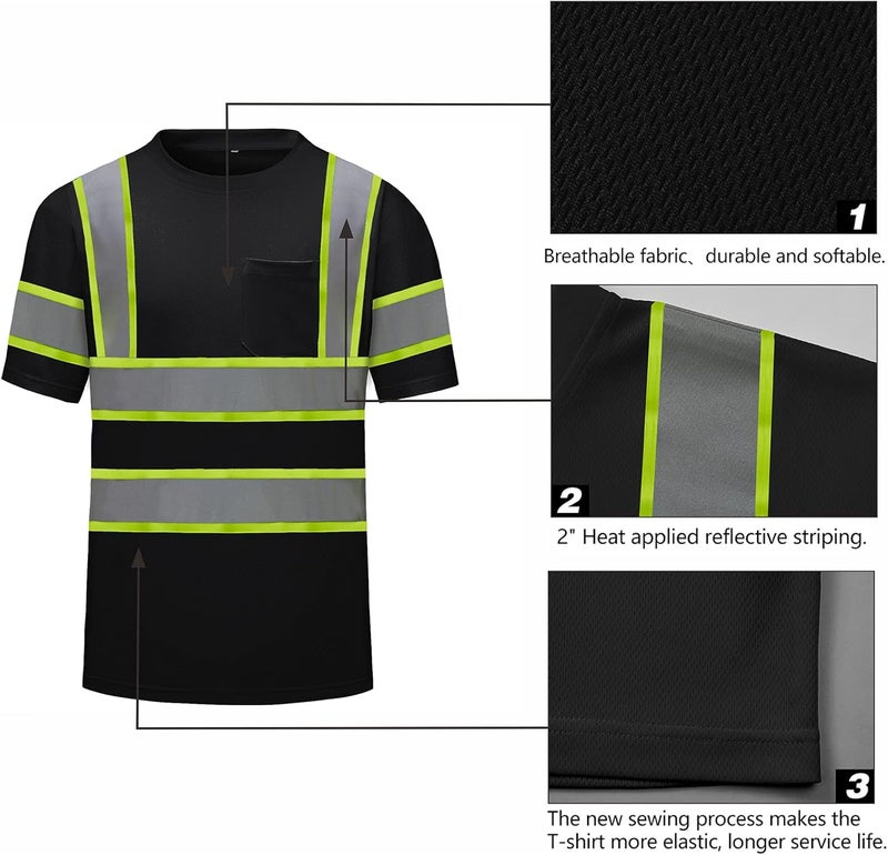 DPSAFETY High Visibility Shirts Quick Dry Safety T Shirts with Reflective Strips and Pocket Short Sleeve Mesh Hi Vis Construction Work Class 2 Shirt for Men/Women Black,Medium - Image 2